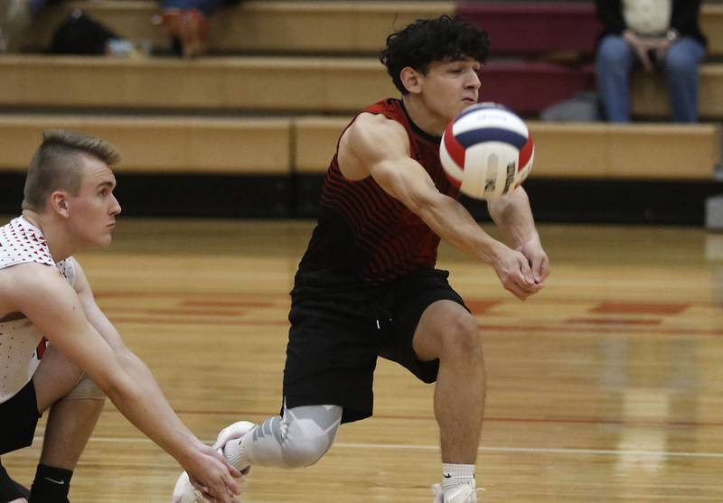 Huntley’s Lucas Felix bumps the ball during a nonconference boys volleyball match against Grant on Thursday, May 21, 2026, at Huntley High School.