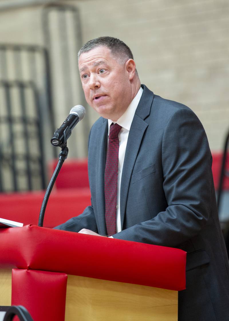 Superintendent Michael Cushing addresses the Ottawa High School Class of 2022 on Friday, May 27, 2022, in Kingman Gymnasium.