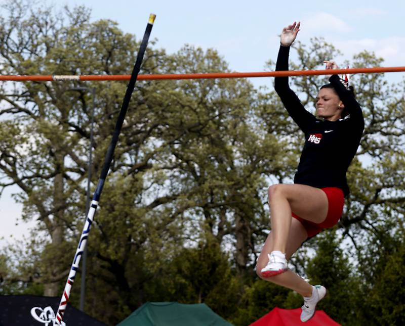 Huntley’s Emma Garofalo pole vaults on Thursday, May 7, 2026, during the Fox Valley Conference Girls Track and Field Meet at Huntley High School.