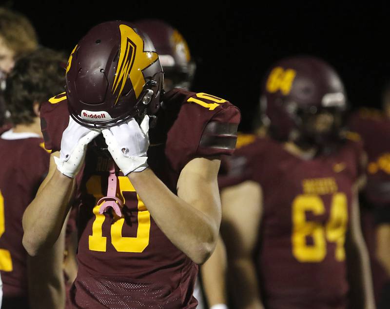 Richmond-Burton's Max Loveall battles his emotions after Richmond-Burton lost to St. Viator in a IHSA Class 4A first round playoff football game Friday, Oct. 27, 2023, at Richmond-Burton High School in Richmond.