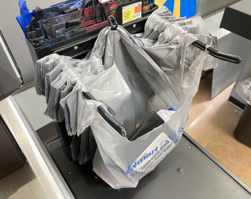 Plastic bags at Walmart on Friday, July 28, 2023.  Woodstock in the only McHenry County community to charge a bag fee.