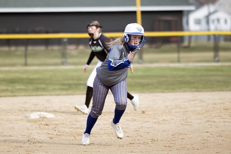 Princeton’s Taylor Compton heads for third against Rock Falls Thursday, March 27, 2025.
