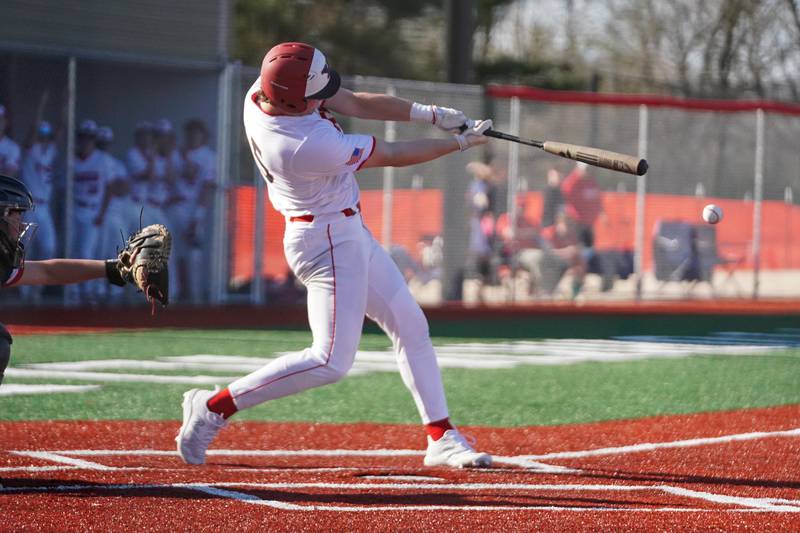 Yorkville's Nate Harris (15) singles against West Aurora during a baseball game at Yorkville High School on Monday, April 15, 2024.