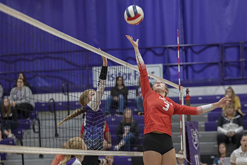 Oregon’s Lexi Ebert works the net against Dixon Tuesday, Sept. 26, 2023 at Dixon High School.Tuesday, Sept. 26, 2023.