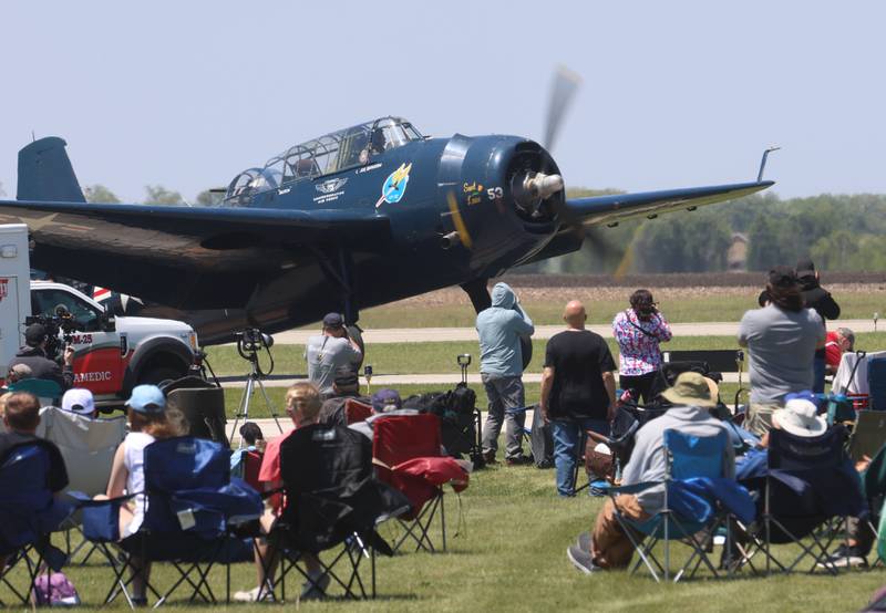 A TBM Avenger taxies on the runway during the 11th annual TBM Reunion and Air Show on Friday, May 15, 2026 at the Illinois Valley Regional Airport in Peru.