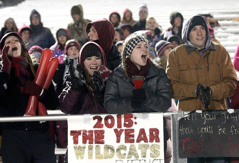 Marengo fans cheer on the football team during Saturday's Class 4A football semifinal against Phillips in Chicago November 21, 2015. Marengo was defeated 47-13.