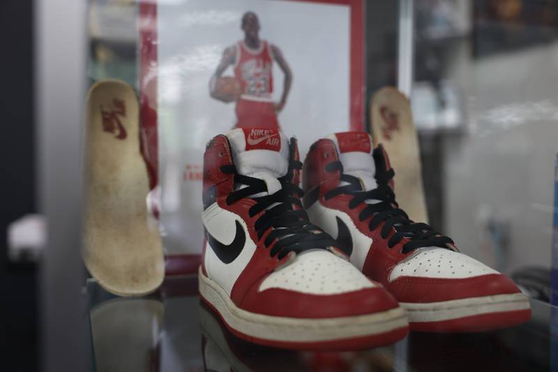 A pair of original 1984 Air Jordans sits on display at Joliet Kreamers. Joliet Kreamers buys and sales everything from vintage shoes, custom designs to the latest trending brands. Friday, July 15, 2022 in Joliet.