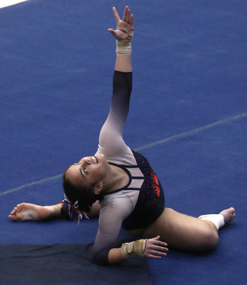 Oswego's Ava Sullivan competes in the preliminary round of the floor exercise Friday, Feb. 17, 2023, during the IHSA Girls State Final Gymnastics Meet at Palatine High School.