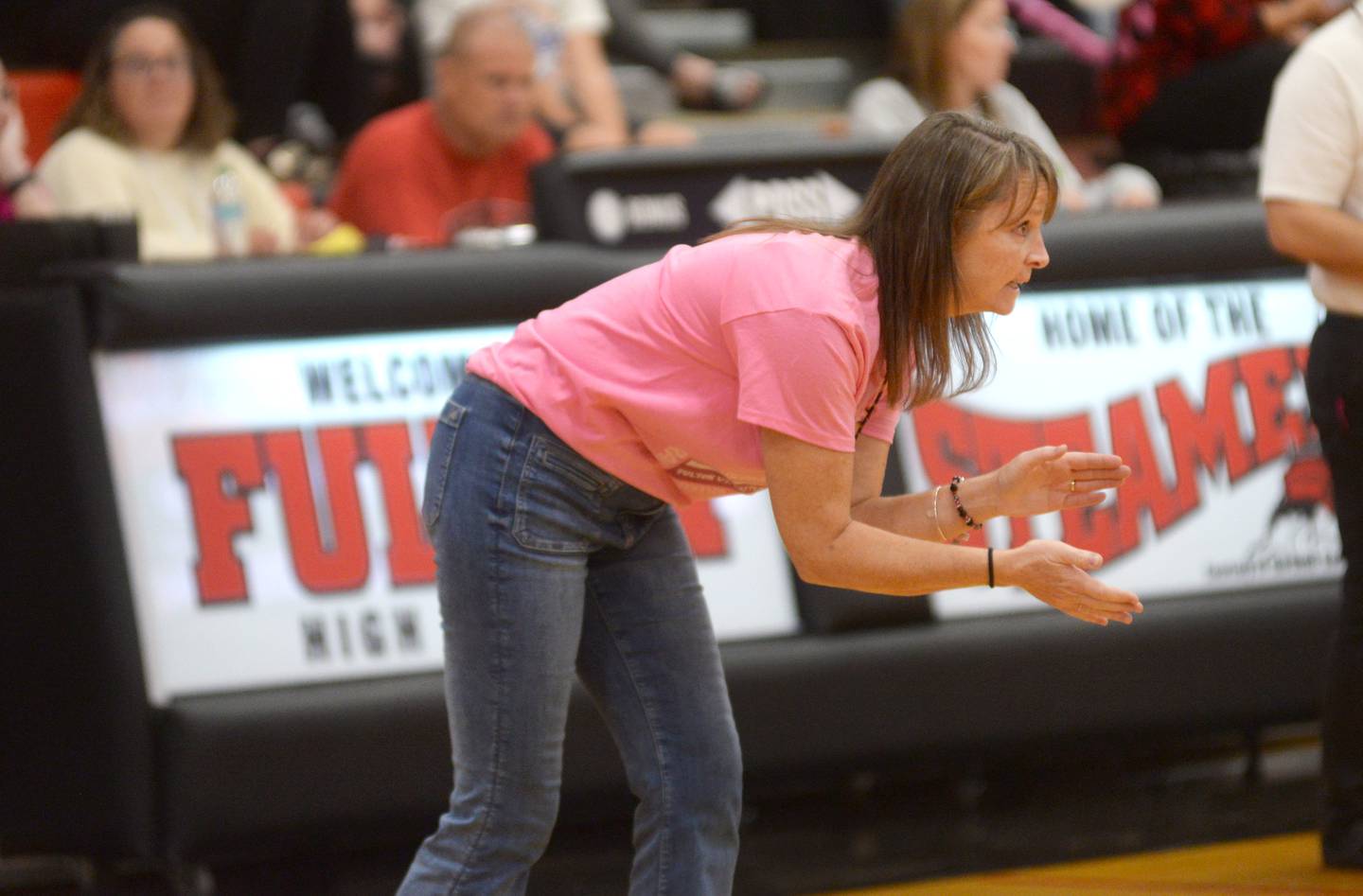 Fulton coach Stacy Germann encourages her team against Eastland during a Tuesday, Oct. 7, 2025 match in Fulton.