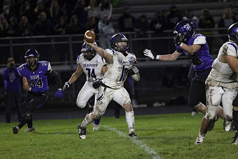 Plano’s Kaiden Schmandle fires a pass against Dixon Friday, Oct. 27, 2023 in Dixon.