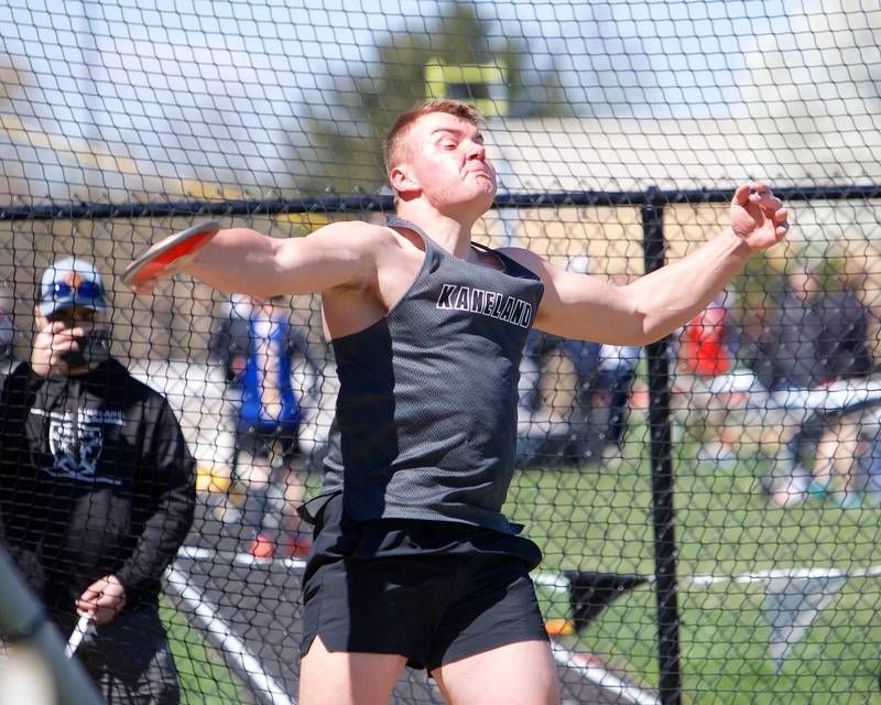 Kaneland's Jake Buckley competes in Discus at Kaneland's Peterson Prep invite on Saturday, April 26,2025 in Maple Park.