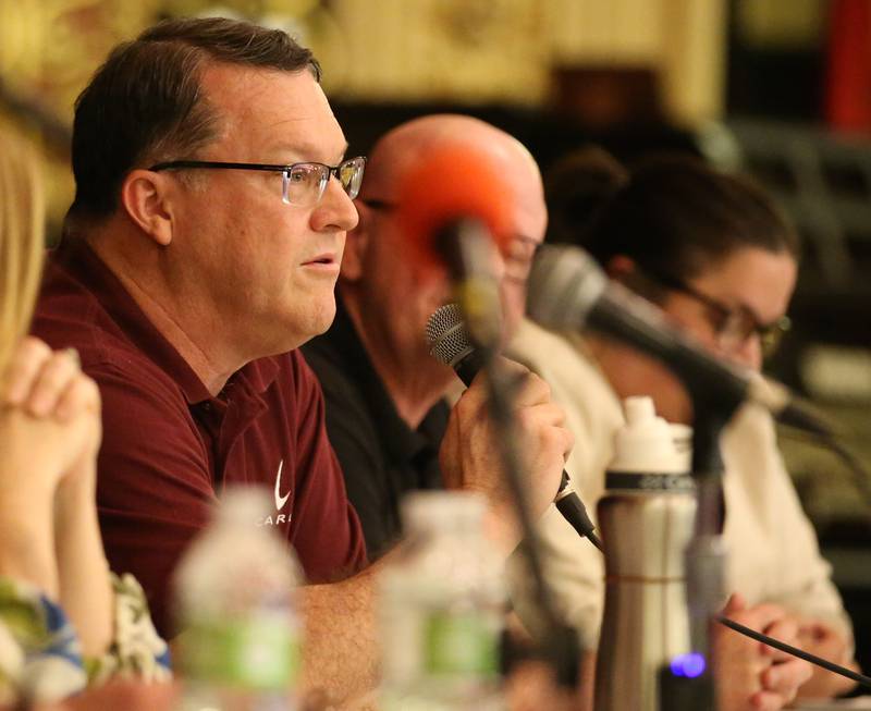 Alan Gibbs, Carus vice president of operations, speaks during the Carus town hall meeting on Wednesday, May 10, 2023 in Matthiessen Auditorium at LaSalle-Peru Township High School.