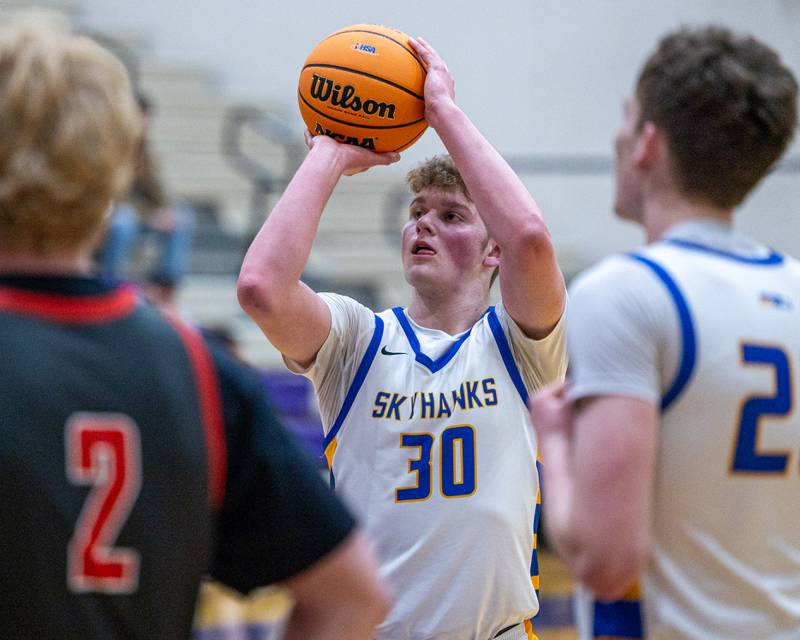 Jayce Schmitt (30) of Johnsburg shoots free throws in game against Aurora Christian during the Class 2A Boys Sectional Basketball tournament game on Wednesday, March 4, 2026 at Mendota High School.