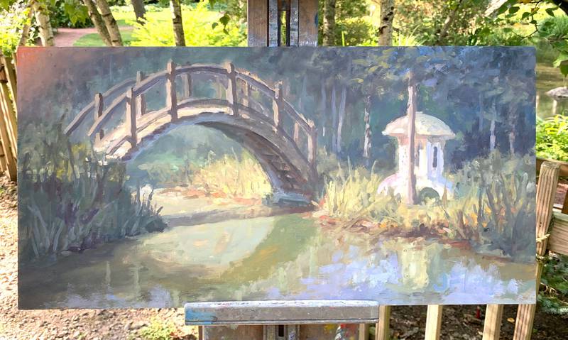 California based plein air artist John Paul Marcelo's "Fabyan Japanese Garden" depicts the historic garden in Geneva's Fabyan Forest Preserve.
