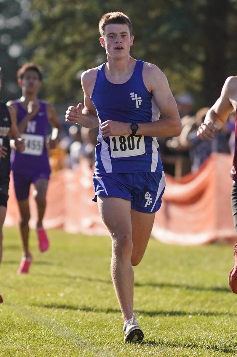 St. Francis’ Ian Dimler competes in the Eddington cross country invitational at Kaneland High School in Maple Park on Saturday, Sep 21, 2024.