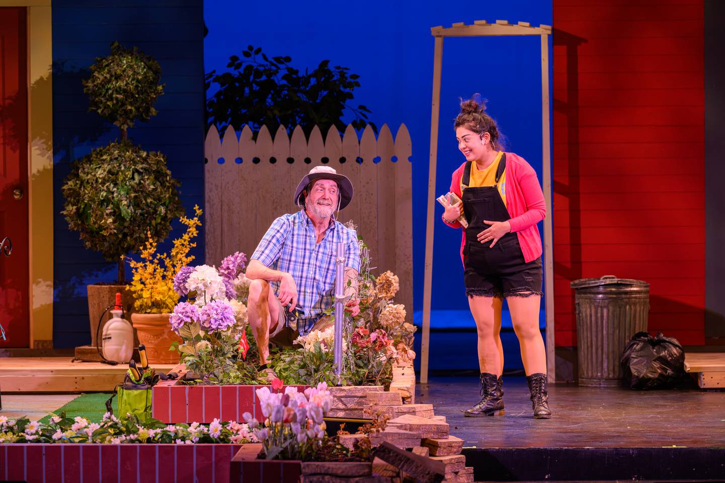 Frank and Tania. "Native Gardens" Williams Street Rep in Crystal Lake in 2024. The older well-established couple, the Butlers, are portrayed by Shannon Mayhall (Virginia) and Michael Lomenick (Frank). The new, next-door millennials, the Del Valles, are portrayed by Peter Briceno Gertas (Pablo) and Jazmine Tamayo (Tania).