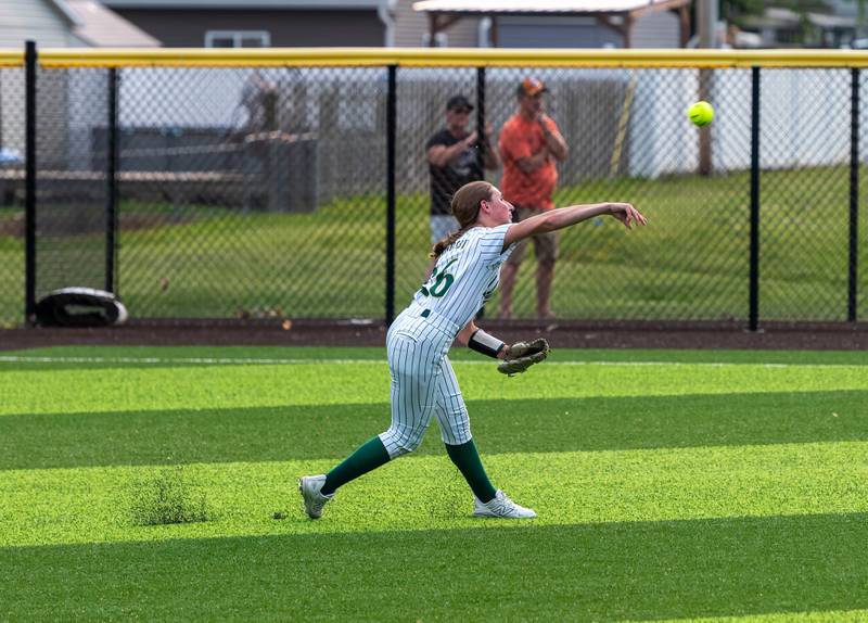 St. Bede center fielder Emma Slingsby fires a throw to the infield in Friday's Class 2A Chillicothe Sectional championship. Brimfield scored four runs in the bottom of the sixth inning to rally for a 4-1 win.