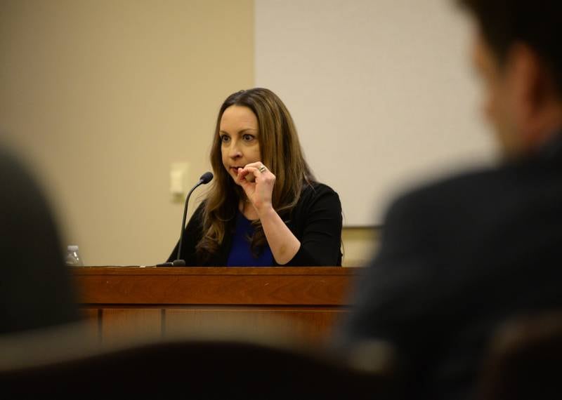 Dr. Amanda Youmans, a forensic pathologist, explains to the jury her findings after completing an autopsy on Melissa Lamesch. Youmans testified for the prosecution during the jury trial for Matthew Plote at the Ogle County Judicial Center in Oregon on Wednesday, March 20, 2024. Plote is accused of killing Lamesch and her unborn baby on Nov=. 25, 2020.