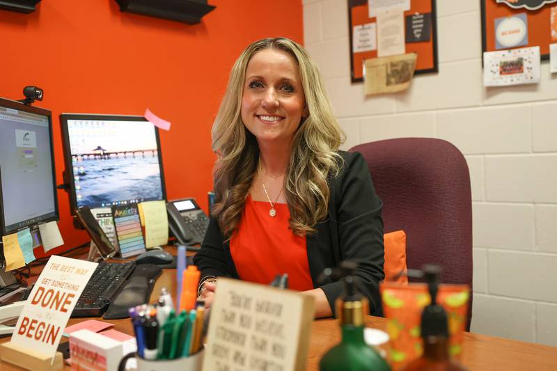 Chrissy Hack sits in her office at Lincoln-Way West High School on Friday, April 14, 2023 in New Lenox.