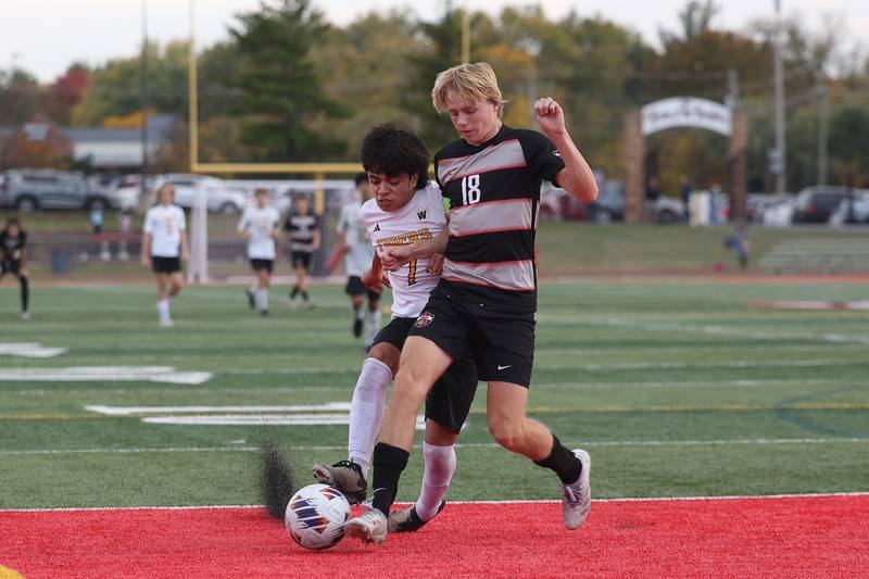 Joliet West’s Jaden Alipio and Lincoln-Way Central’s Matt Bettenhausen battles for the ball in the Class 3A Lincoln-Way Central Regional semifinal on Tuesday, Oct. 22, 2024 in New Lenox.
