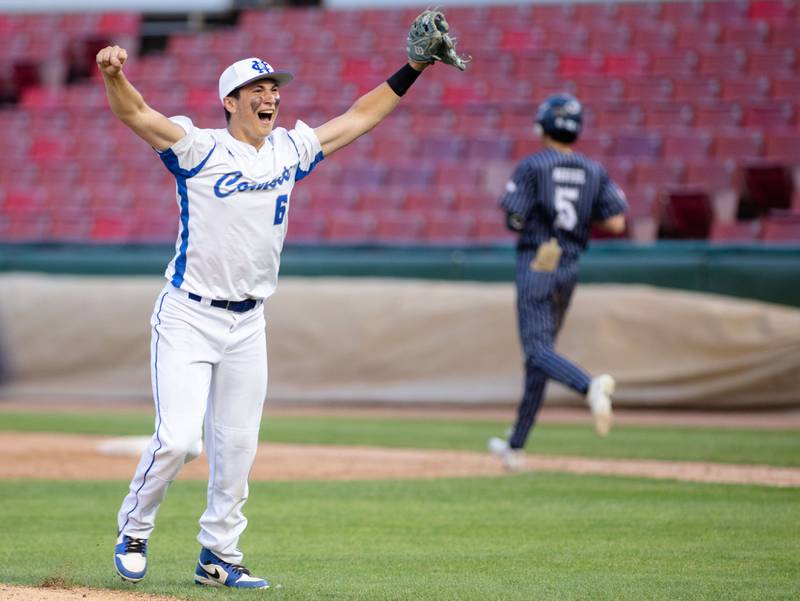 Newman Central Catholic pitcher Evan Bushman celebrates their win after the 7th inning against Hope Academy at Northwestern Medicine Field in Geneva on Monday, June 2, 2025.