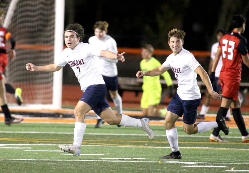 Conant’s Krystian Niziolek (7) celebrates a goal in the first half during a 3A St. Charles East Sectional semifinal against Glenbard East on Wednesday, Oct. 26, 2022.