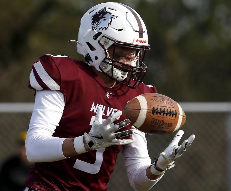 Prairie Ridge's Elijah Loeding juggles the football as he catches a touchdown catch during an IHSA Class 5A first-round football game against Chicago Goode on Saturday, Nov. 2, 2024, at Prairie Ridge High School in Crystal Lake.