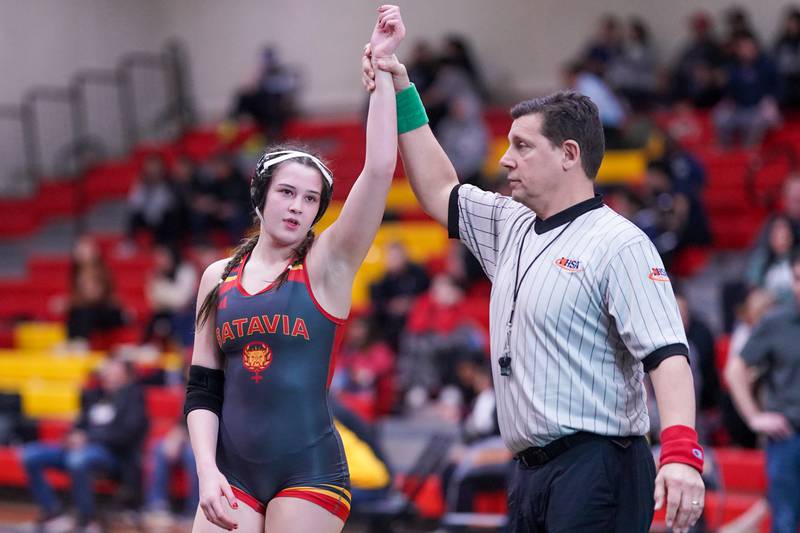 Batavia’s Sydney Perry wins her 145 pound championship match against Fenton’s Yamile Penaloza (not pictured) in the Schaumburg Girls Wrestling Sectional at Schaumburg High School on Saturday, Feb 10, 2024.