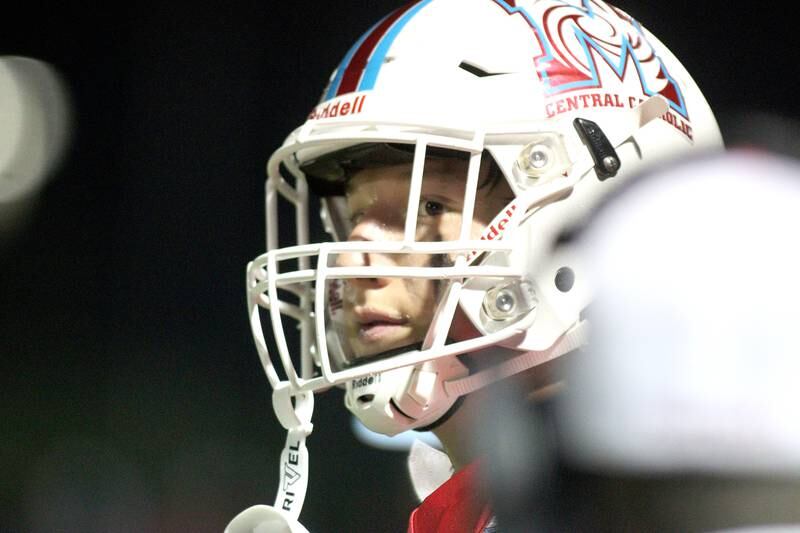 Marian Central’s Christian Bentancur watches the action against Chicago Hope in varsity football at Woodstock Friday night.