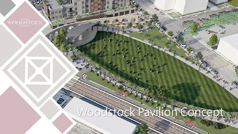 A rendering of a new community pavilion in the heart of Woodstock's downtown that the mayor and other officials are hoping can become a reality, May 27, 2022.