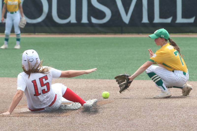 Chatham's Elizabeth Blum, slides in safely to second base as Providence Catholics Bella Olszta catches the late throw during the Class 3A State finals game on Saturday, June 14, 2025 at the Louisville Slugger Sports Complex in Peoria.
