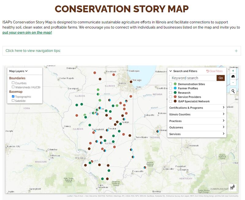 A sample of the conservation story map launched by Illinois Sustainable Ag Partnership intended to connect growers with providers and best practices.