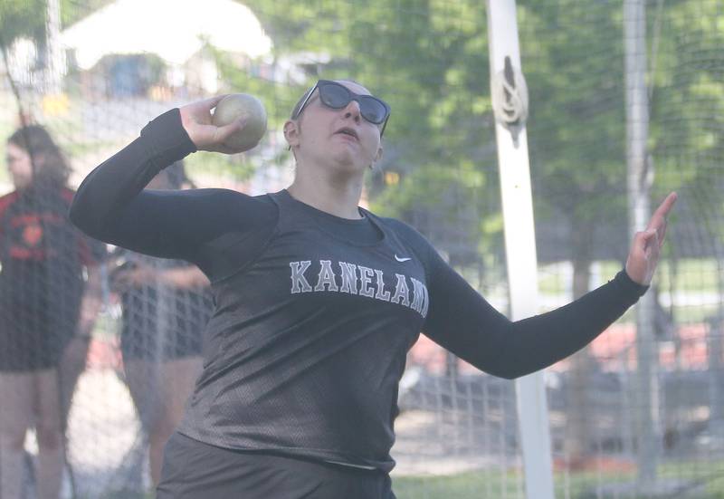 Kaneland's Kyla Schultz competes in the shot put during the Interstate 8 Conference girls track championship on Friday, May 9, 2025 at Morris High School.