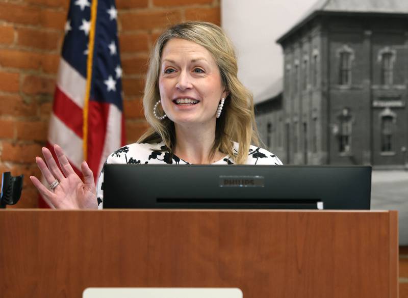 Kristen Campbell, Sycamore Community School District 427 superintendent, speaks Wednesday, May 6, 2026, during the State of the Community Address hosted by the Sycamore Chamber of Commerce in the DeKalb County Community Foundation Freight Room.
