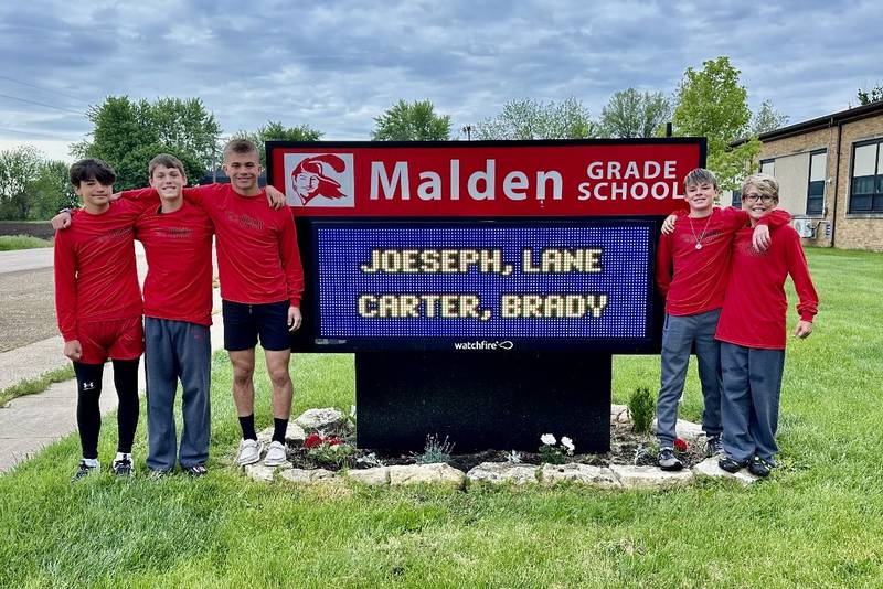 Malden Grade School is sending four athletes to the IESA state track meet today. Lane Goskusky (shot put), Joseph Perez (100, high jump), Carter Rossler (shot put, discus) and Brady Peach (1600 M). They all four also qualified for the 4x400 relay.