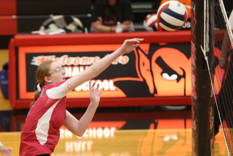Princeton's Danika Burden sends a spike to Hall on Thursday, Oct. 9, 2025 at Hall High School.