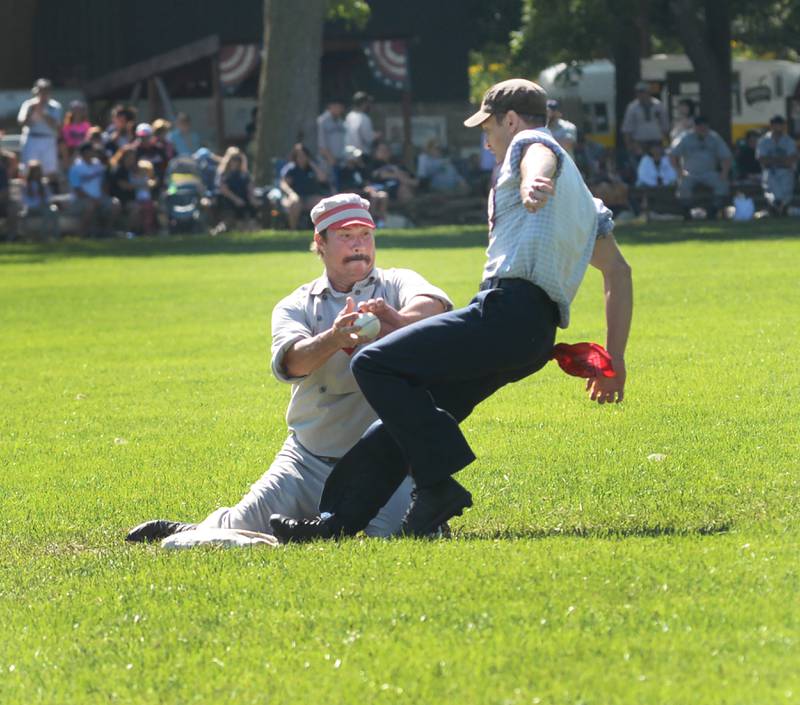 Oregon Ganymede second baseman Justin "Butter" Early gets the force to end the game against the Capitals at the 21st Annual World Tournament of Historic Base Ball in Dearborn, Michigan on Sunday, Aug. 11 2024.