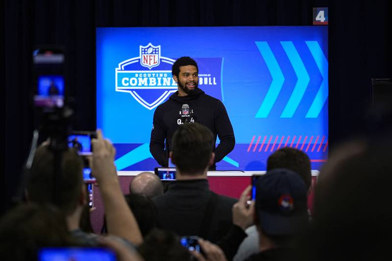 USC quarterback Caleb Williams speaks during a press conference at the NFL combine in Indianapolis, Friday, March 1, 2024.