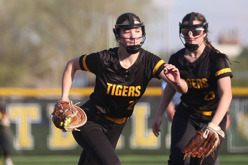 Joliet West’s Macey Gorsch heads to first for the put out against Joliet Central on Wednesday, April 22, 2026 in Joliet.