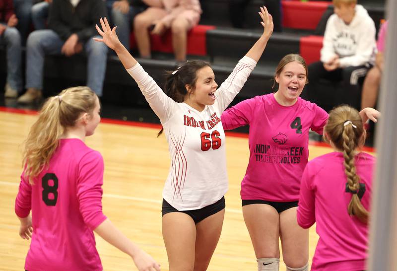 Indian Creek players celebrate a point during their match against DePue Thursday night at Indian Creek High School in Shabbona.