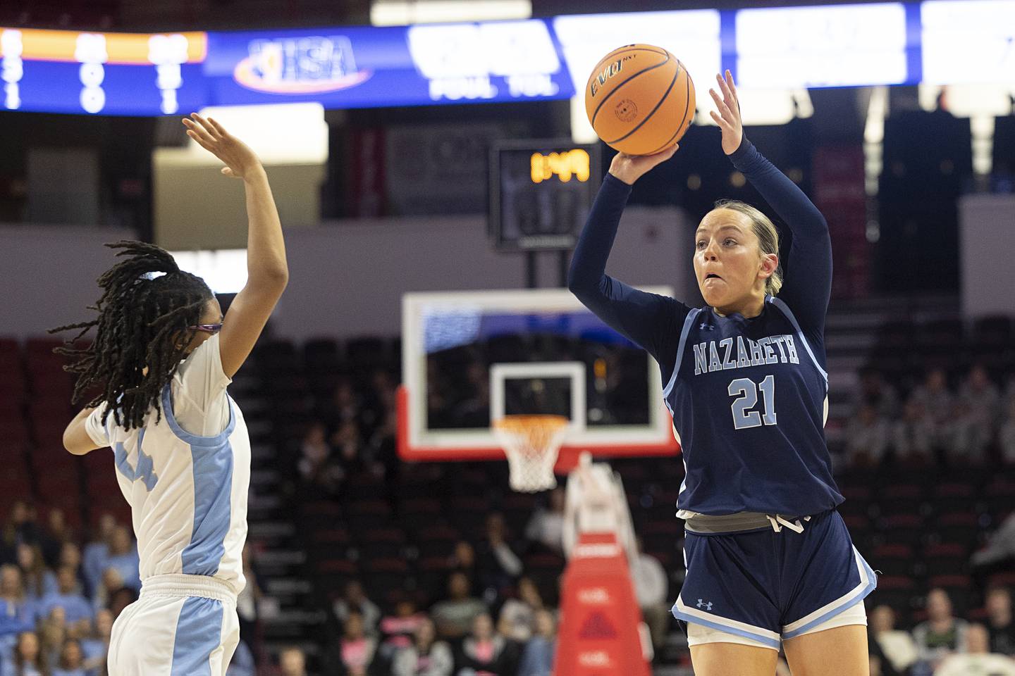 Nazareth’s Lyla Shelton puts up a three-point try against Belleville East Friday, March 6, 2026, in the Class 4A girls state semifinal game at CEFCU Arena at ISU.
