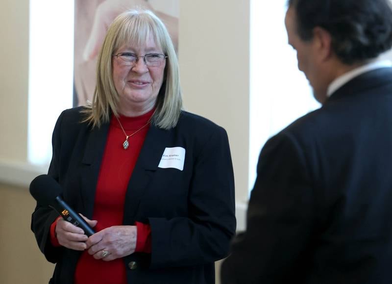 Kim Kramer, from Kramer’s Kitchen and Bath, receives the Chamber Champion award during the Sycamore Chamber of Commerce Annual Meeting Thursday, March 6, 2025, at St. Mary's Catholic Church in Sycamore.