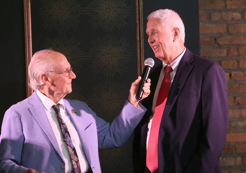 Joe Cahill, son of La Salle-Peru alumnus Fran Cahill, is interviewed by emcee Lanny Slevin during the 2025 Shaw Media Illinois Valley Sports Hall of Fame at the Auditorium Ballroom in La Salle. Cahill was one of two recipients this year of our Legacy Individual Award.