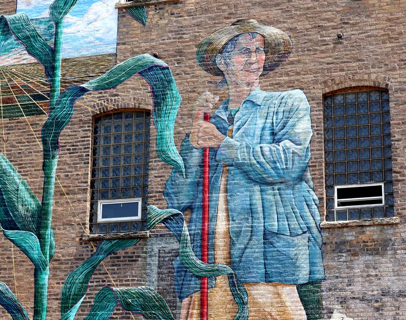Annie Glidden is a prominent part of the mural titled “Its Merits Recommend It...” by artist Olivia Gude Tuesday, July 22, 2025. The artwork graces the side of the building at the corner of Lincoln Highway and First Street in DeKalb.