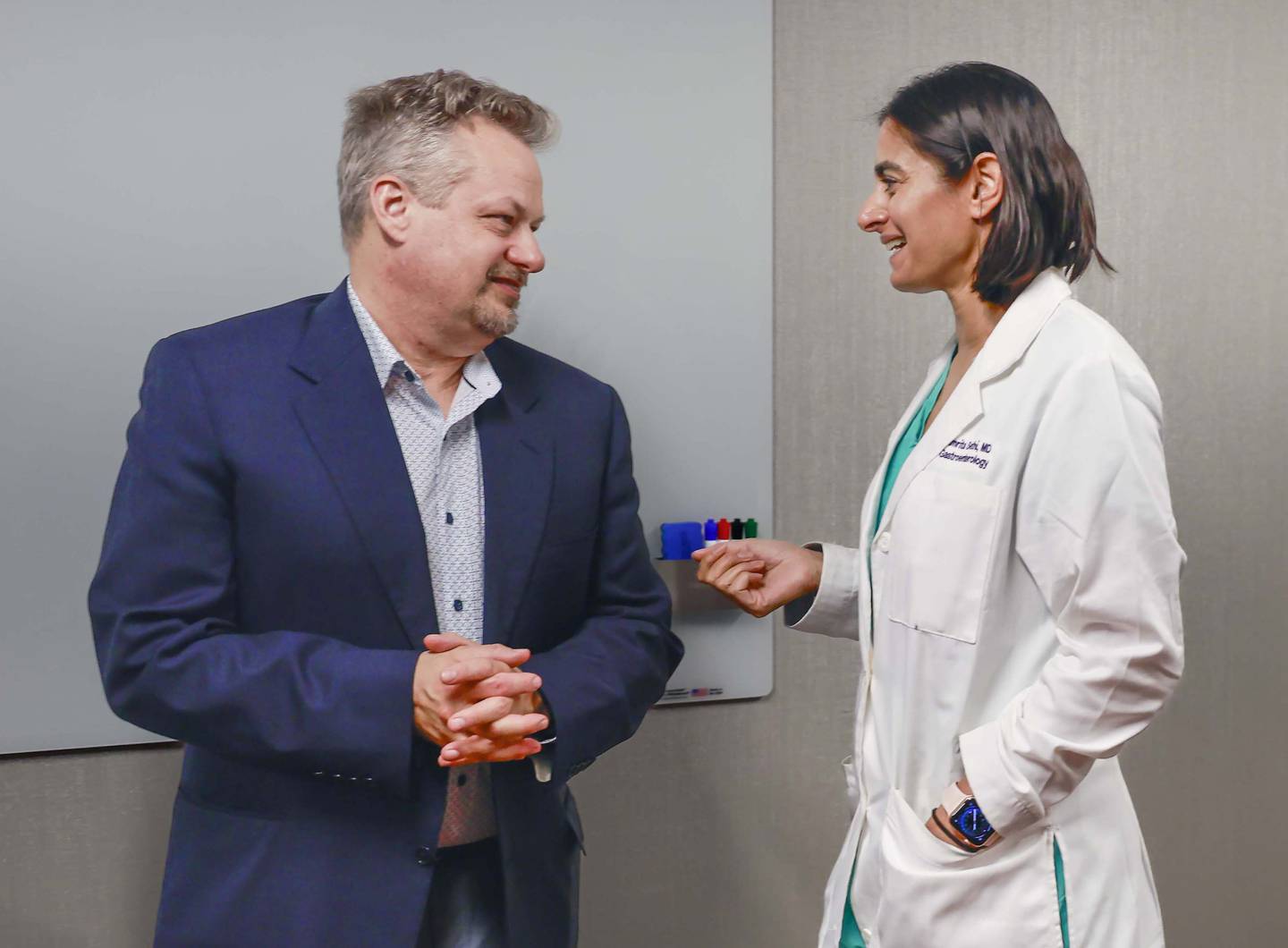 Dr. Amrita Sethi talks to Paul Davis of Wheaton about his procedure at the Center for Advanced Endoscopy at Northwestern Medicine Central DuPage Hospital in Winfield. The Center for Advanced Endoscopy will expand access to highly specialized digestive health services that handle chronic ve traditionally been available only at large academic medical centers. Supported by a $15 million investment, the center will offer some of the most advanced gastrointestinal (GI) procedures available in the United States.