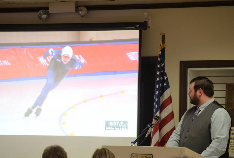 Gordon Cepuran helps tell the story of his brother Ethan Cepuran's speed skating journey and getting to the 2022 Olympics  during the event held at Glen Ellyn History Center Saturday April 30, 2022.