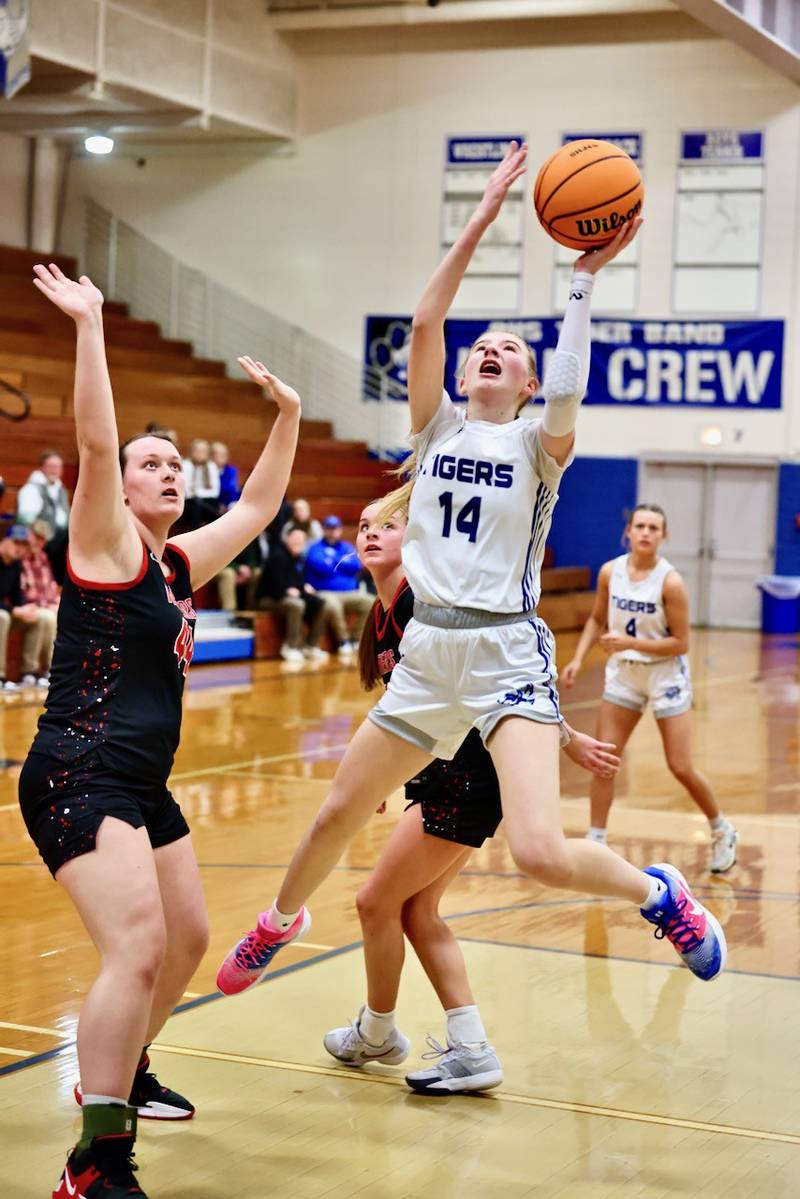Princeton sophomore Payton Brandt shoots against E-P Tuesday night at Prouty Gym. The visiting Panthers won 51-40.