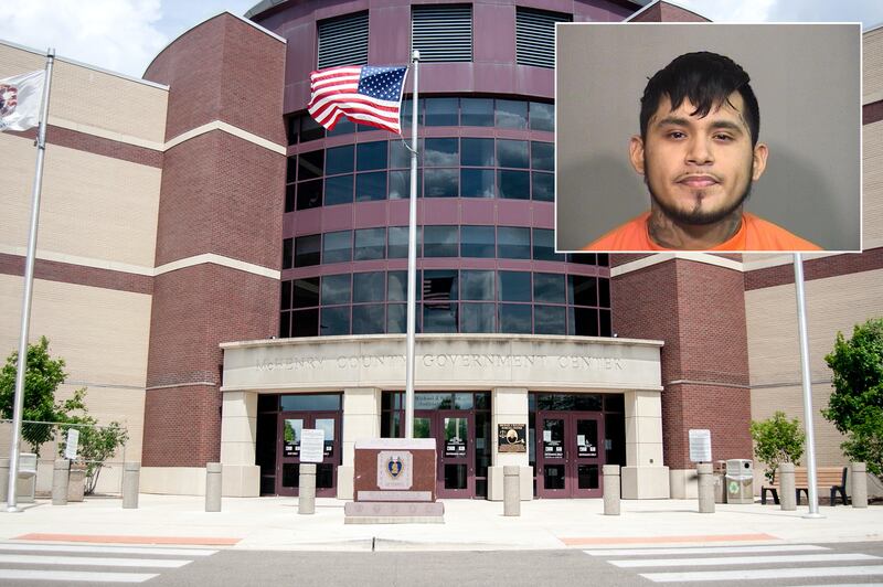 Inset of Juan Esquivel in front of Northwest Herald file of the McHenry County courthouse.