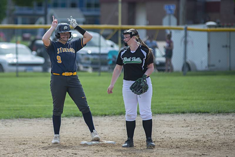 Sterling’s Ellie Leigh celebrates a double against Rock Falls Saturday, May 14, 2022.