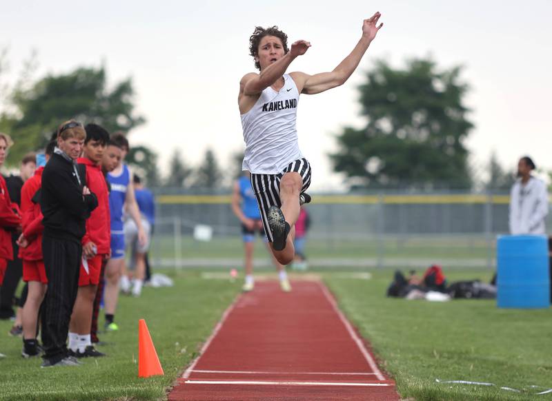 Kaneland's Nathan Rebacz competes in the long jump Wednesday, May 18, 2022, at the Class 2A boys track sectional at Rochelle High School.